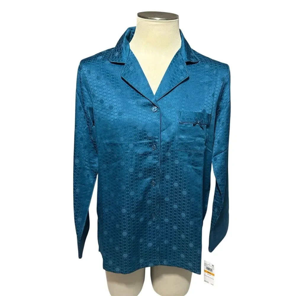 Miss Elaine Teal Long Sleeve Button Up Top & Pants Pajamas Set Women Size S NWT